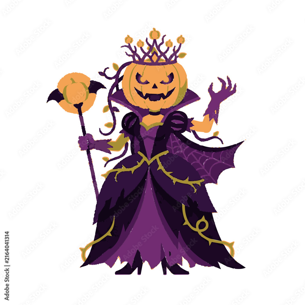 Fototapeta premium Halloween pumpkin queen vector illustration in elegant dark gown with crown and magic scepter