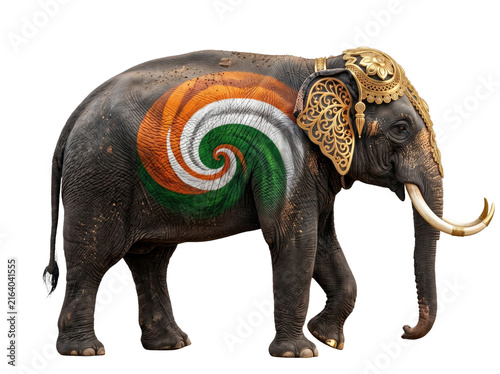 Decorated Indian elephant with tricolor spiral paint isolated on white background