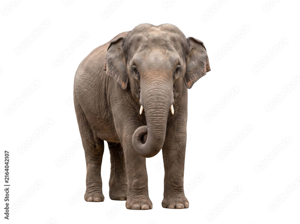 Fototapeta premium Full body portrait of an Asian elephant isolated on white background for wildlife design.