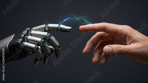 Human and robot hands reaching towards each other with electric spark connection representing AI technology