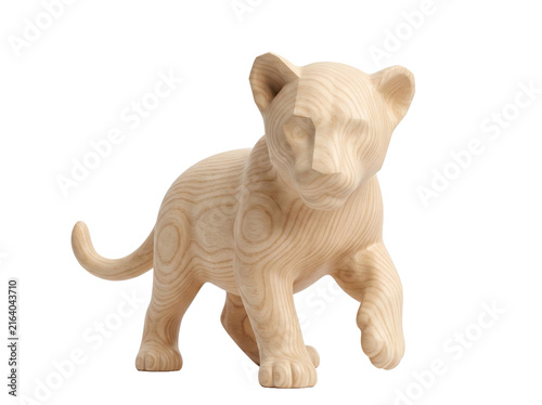 Wooden lion cub figurine isolated on white background for nursery decor and craft projects.