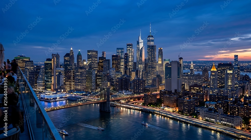 Fototapeta premium Modern metropolitan skyline at twilight with illuminated skyscrapers and city lights