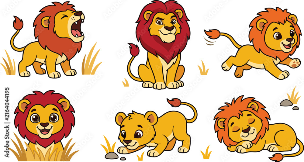 Obraz premium Set of cute cartoon lion vector illustrations featuring happy little cubs roaring sitting running sleeping and peeking over tall grass on white background