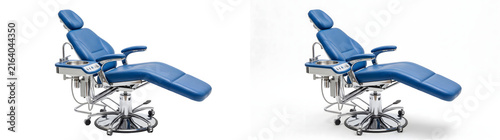 Bild auf Leinwand Dental Chair with blue leather seat and chrome base for clinic equipment use in