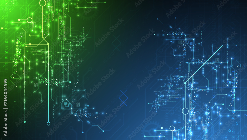 Fototapeta premium Abstract vector background of digital circuit board with glowing lines and binary code