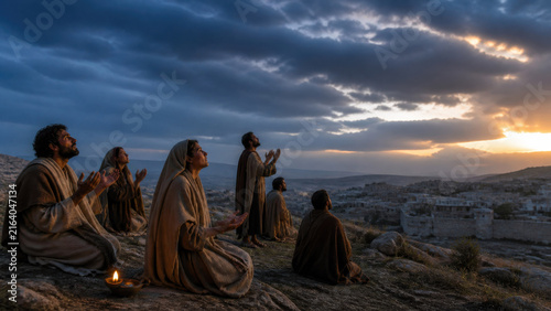 Biblical people praying on a rocky hill above an ancient city at sunset. Faith, devotion, hope, and perseverance in prayer under dramatic clouds.