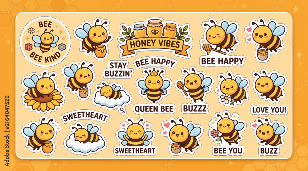 Obraz premium A collection of cute cartoon bee stickers with various poses and positive text phrases like 