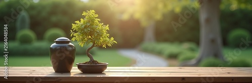 Elegant cremation urn next to vibrant bonsai plant on wooden table in serene garden. This peaceful arrangement includes urn symbolizing remembrance, and bonsai representing life and tranquility.