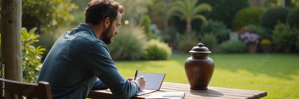 Fototapeta premium Man writing in garden with urn on table, capturing moment of remembrance and reflection. Writing session features urn symbolizing connection and loss,