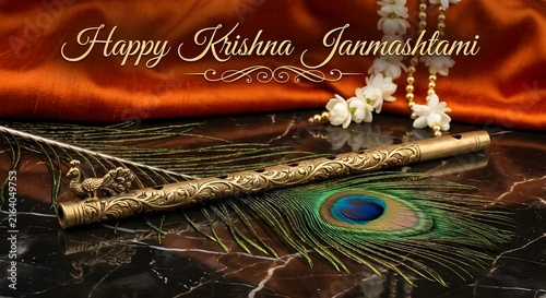Happy Krishna Janmashtami greeting with carved golden flute, peacock feather, and flower garland