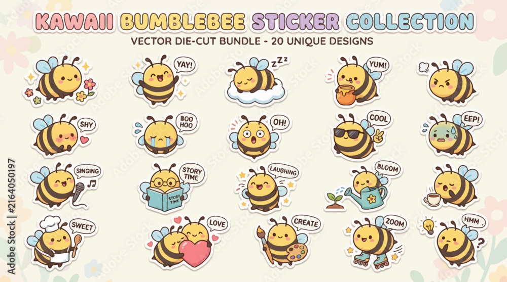 Fototapeta premium A collection of 20 unique kawaii bumblebee stickers, featuring cute cartoon bees with various expressions and activities, perfect for digital designs and crafts.