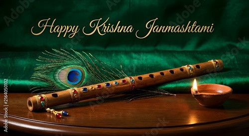 Happy Krishna Janmashtami spiritual composition with flute, glowing oil lamp, and peacock feather