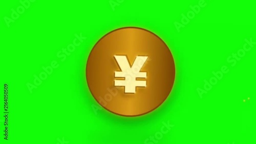  3D Golden Yen Yuan Symbol Rotation on Green Screen – Glowing Finance Coin Animation 4K