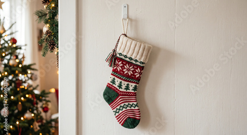 Christmas stocking with festive patterns hanging on a white wall next to a blurred Christmas tree with lights and ornaments