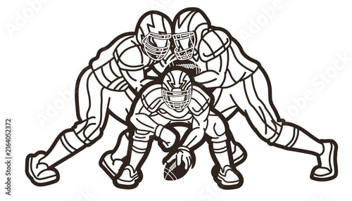 American Football Sport Team Mix Players Action Cartoon Outline Graphic Vector
