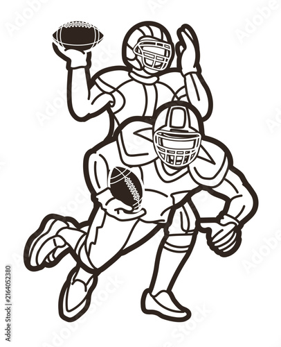 American Football Sport Team Mix Players Action Cartoon Outline Graphic Vector