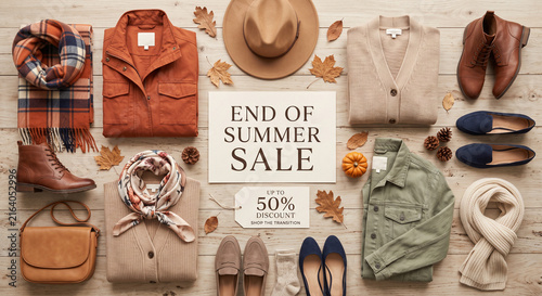 End of Summer Sale sign surrounded by autumn fashion apparel and accessories on a wooden background with copy space flat lay top view