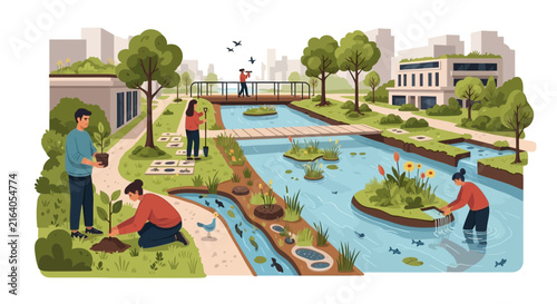 Urban greening and sustainable city life with people gardening
