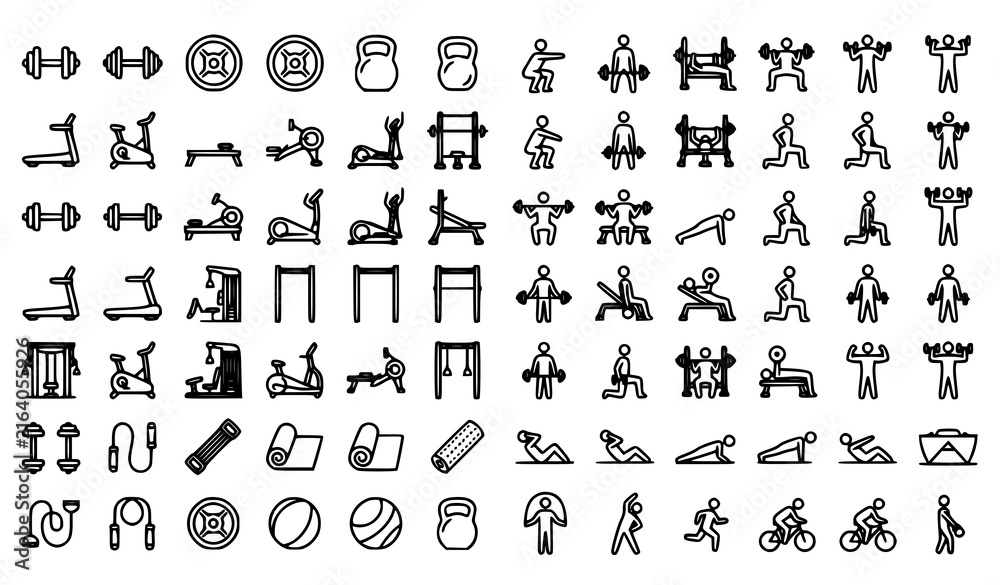 Obraz premium Gym Fitness and Bodybuilding Line Art Vector Icon Set Featuring Exercise Equipment, Weightlifting Dumbbells, Treadmills, Workout Human Figures, and Healthy Training Graphics