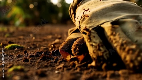 Hands in safety gloves digging into soil, uncovering dirt and fallen leaves, showcasing gardening action in a sunlit outdoor environment with blurred greenery in the background