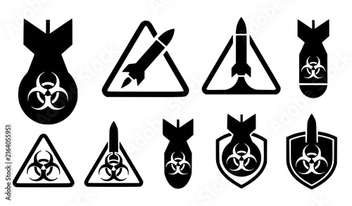 Bild auf Leinwand Biological Weapon and Missile Attack Warning Silhouette Icon Set with Biohazard