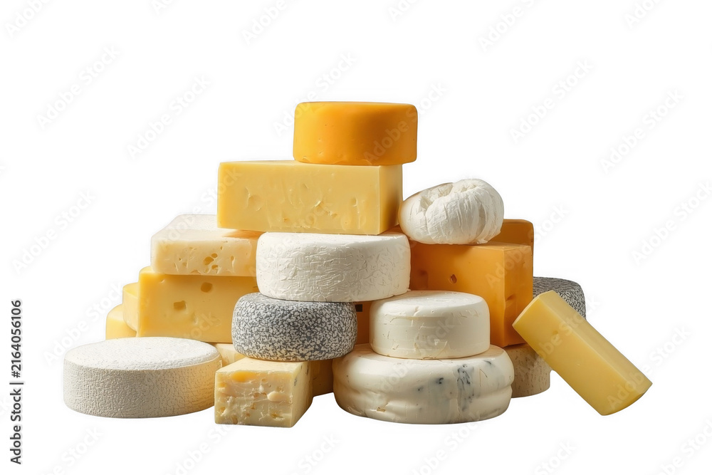 Fototapeta premium Assortment of gourmet cheeses stacking on transparent background