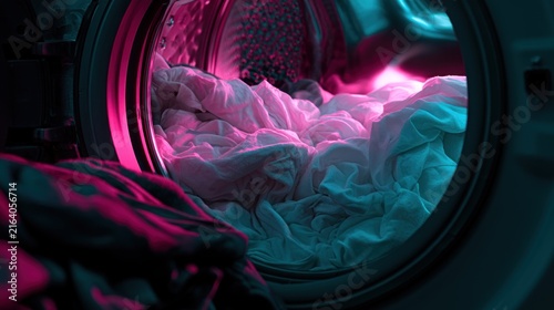Inside of a washing machine drum filled with laundry illuminated by neon pink and teal lights