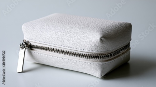 Minimalist white leather jewelry pouch with silver zipper and pull tab studio shot