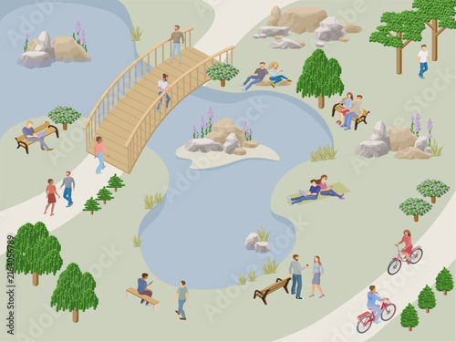 isometric lake scene with a wooden footbridge and park visitors
