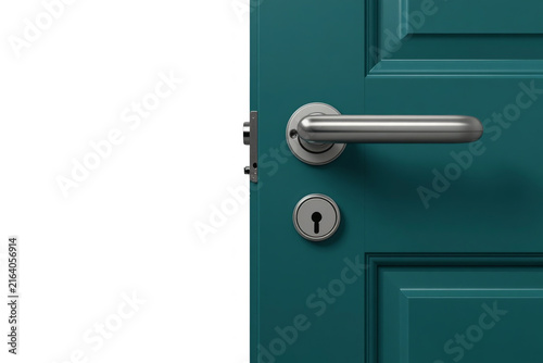 Teal door with metal handle and keyhole opening concept