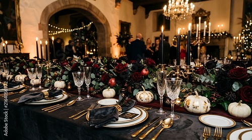 Festive halloween banquet table with dark floral arrangements, white pumpkins, crystal glassware, and black napkins in a grand dining hall