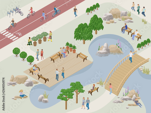 isometric park scene with a lakeside deck, bridge, people relaxing