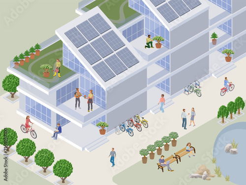 isometric eco townhouse facade with rooftop garden and bike parking