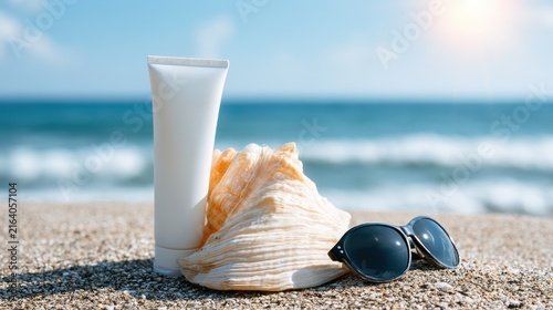 Sunscreen tube sunglasses and seashell on a sandy beach with ocean in background