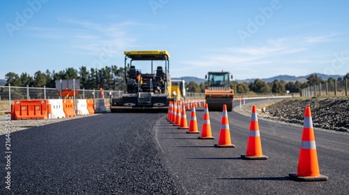 Road construction site with asphalt paver and steamroller on a new highway project.
