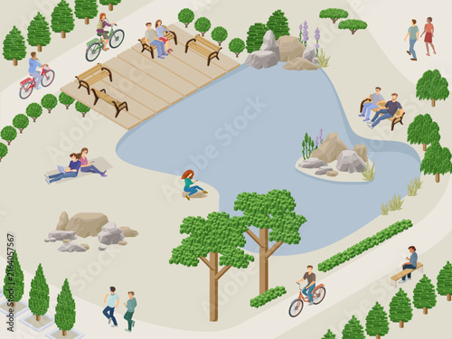 isometric park pond scene with wooden deck and cyclists