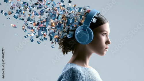 Young woman wearing headphones absorbing a swirl of digital images