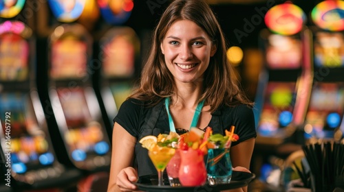 Smiling waitress serving colorful cocktails in a casino with slot machines
