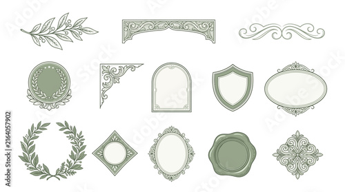 Ornate Decorative Elements: Frames, Borders, Laurel Wreath, Seal