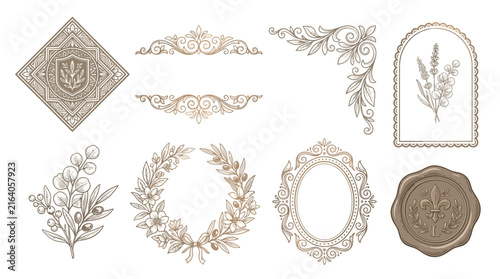 Ornate Decorative Elements: Frames, Wreaths, Botanical Illustrations, Seals
