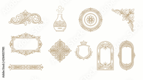Ornate decorative elements, vintage frames, crest, vase and flourish