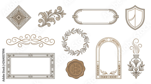 Ornate Decorative Elements, Frames, Wreath, Seal, Isolated