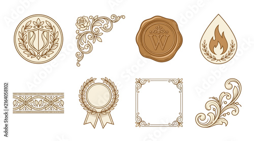 Ornate Vintage Emblem, Seal, Frame, and Flourish Elements Set