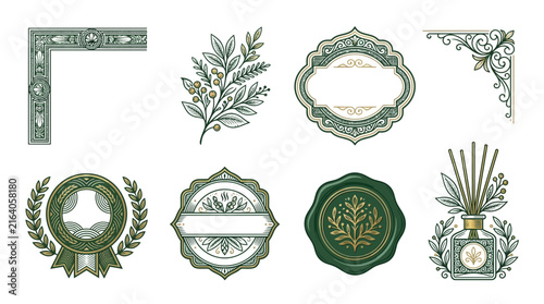 Vintage botanical emblems and corner decorations, isolated on transparent background