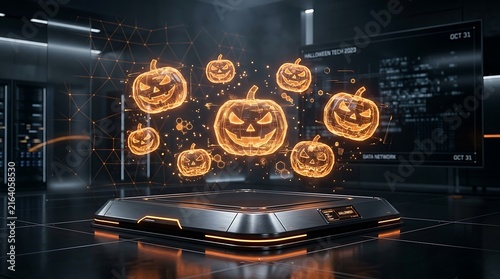 Futuristic data center server room with holographic glowing jack o lantern pumpkins floating above a metallic platform in a dark tech environment