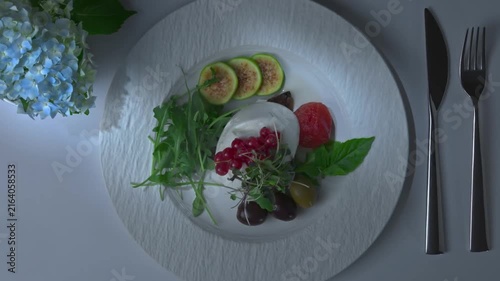 Gourmet Salad Plate with Fresh Figs and Cheese Top View Table Setting