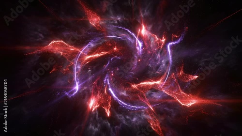 Cosmic particle streams forming a galactic vortex expanding through space depicting universal forces and celestial bodies.