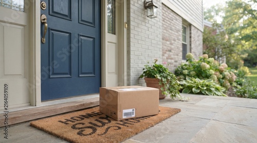 Cardboard delivery package left on a residential front porch doorstep