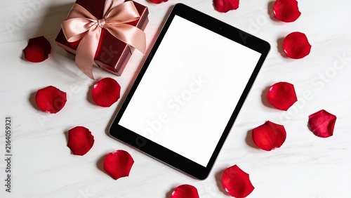 Tablet Mockup with Romantic Gift Box and Rose Petals on White Marble