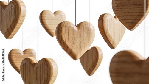 Natural Wooden Hearts Hanging on Strings Against a Bright White Background Symbolizing Love and Romance